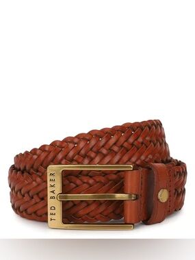 Ted Baker Braided Leather Belt in Cognac Brown with Gold Buckle